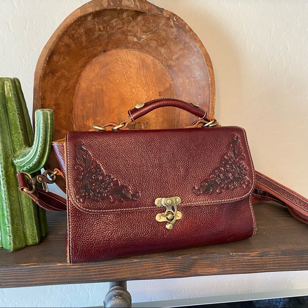 Jack & Chris Floral Leather Tooled Crossbody Purse Red